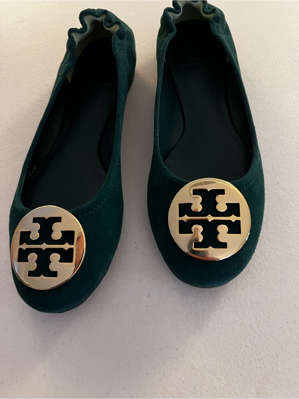 Tory Burch Emerald Green Suede Logo Ballet Flats